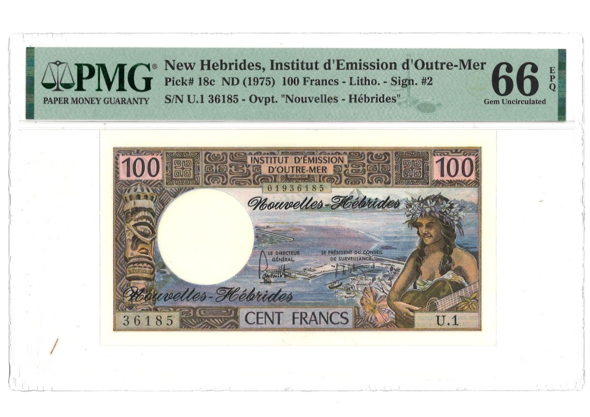 New Hebides. 100 Francs. Banknote. Type 1975. - PMG 66EPQ