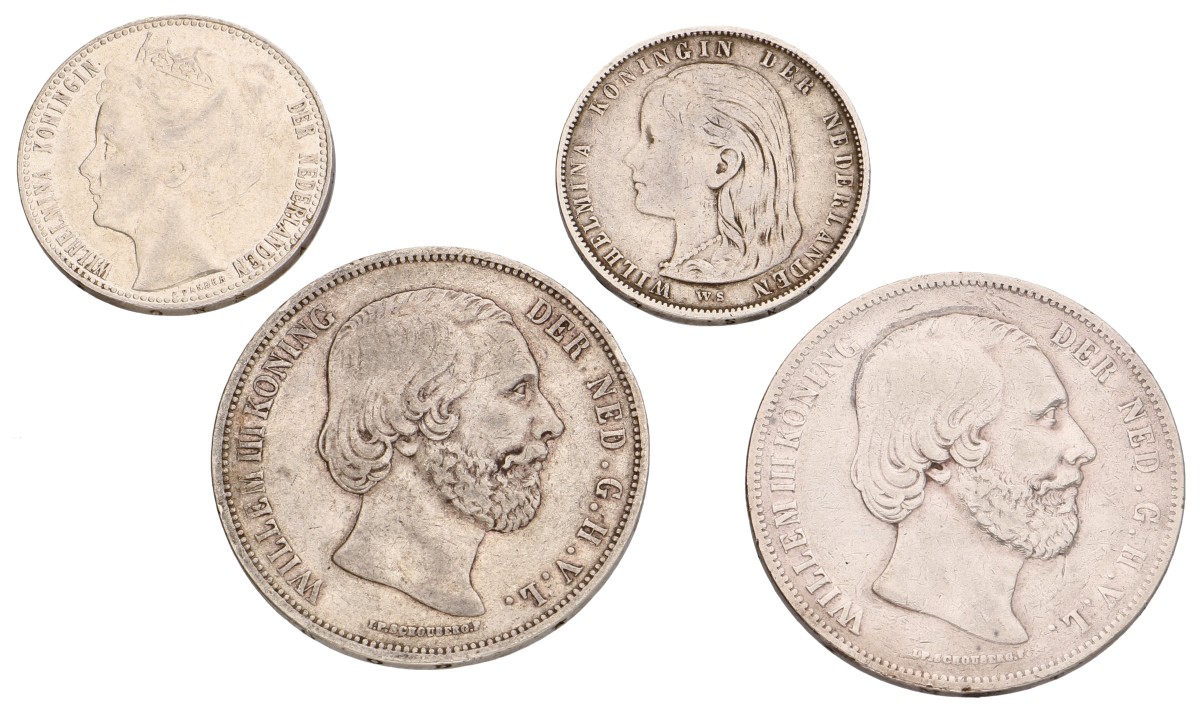 Lot (4) 1 Gulden - 2 Gulden. Willem III Wilhelmina. 1850/70/97 - 1908. Zeer Fraai.