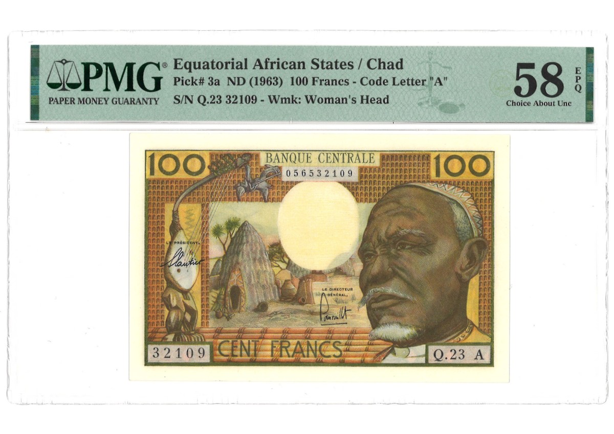 Chad. 100 Francs. Banknote. Type 1963 - PMG 58EPQ