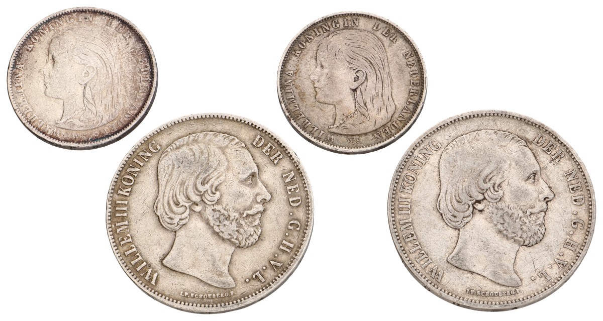 Lot (4) 2½ Gulden - 1 Gulden. Willem III - Wilhelmina. 1855/71/97. Zeer Fraai.