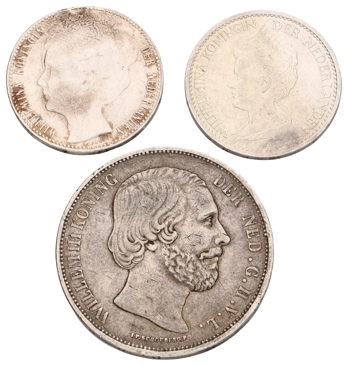 Lot (3) 1 Gulden - 2½ Gulden. Willem III - Wilhelmina. 1867, 1908 & 1915. Zeer Fraai.