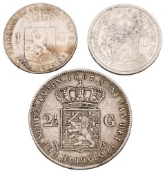 Lot (3) 1 Gulden - 2½ Gulden. Willem III - Wilhelmina. 1867, 1908 & 1915. Zeer Fraai.