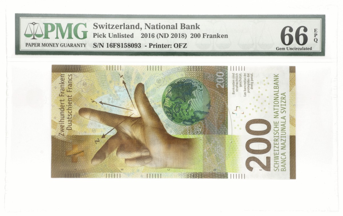 Switserland. 200 Francs. Banknote. Type 2016. - PMG 66EPQ