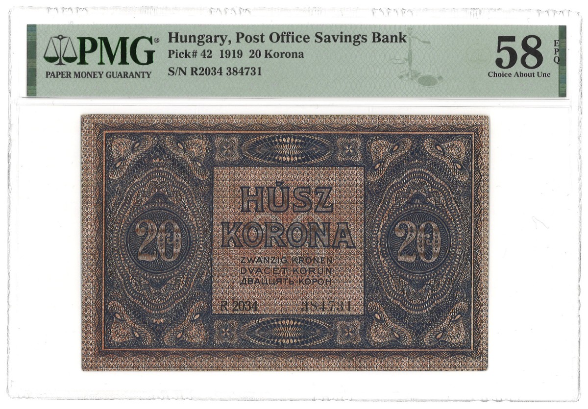 Hungary. 20 Korona. Banknote. Type 1919. - PMG 58EPQ