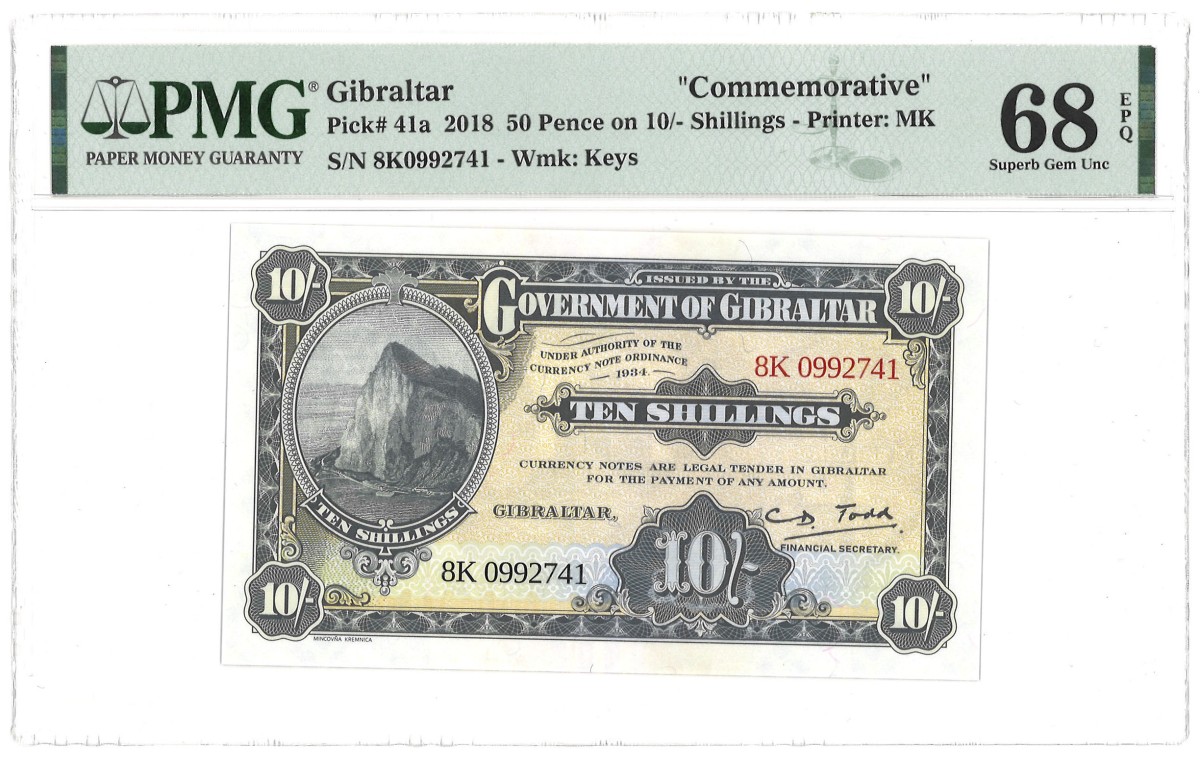 Gibraltar. 50 pence on 10 Shilling. Banknote. Type 2018. - PMG 68EPQ