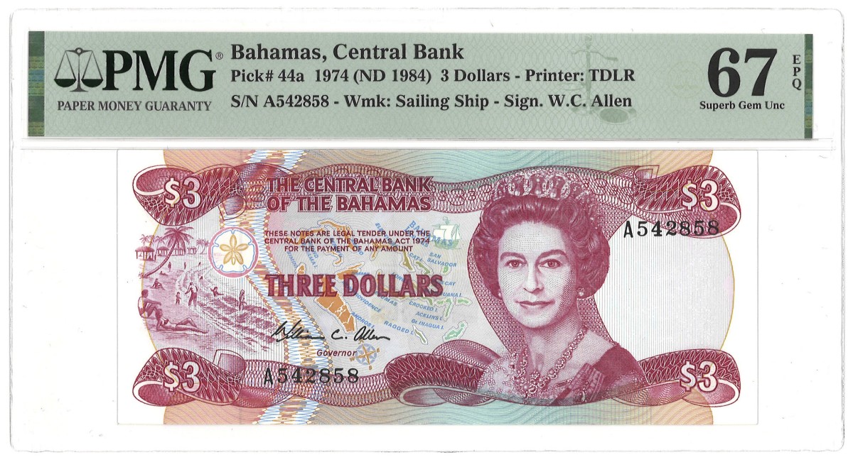 Bahamas. 3 Dollars. Banknote. Type 1974. - PMG 67EPQ