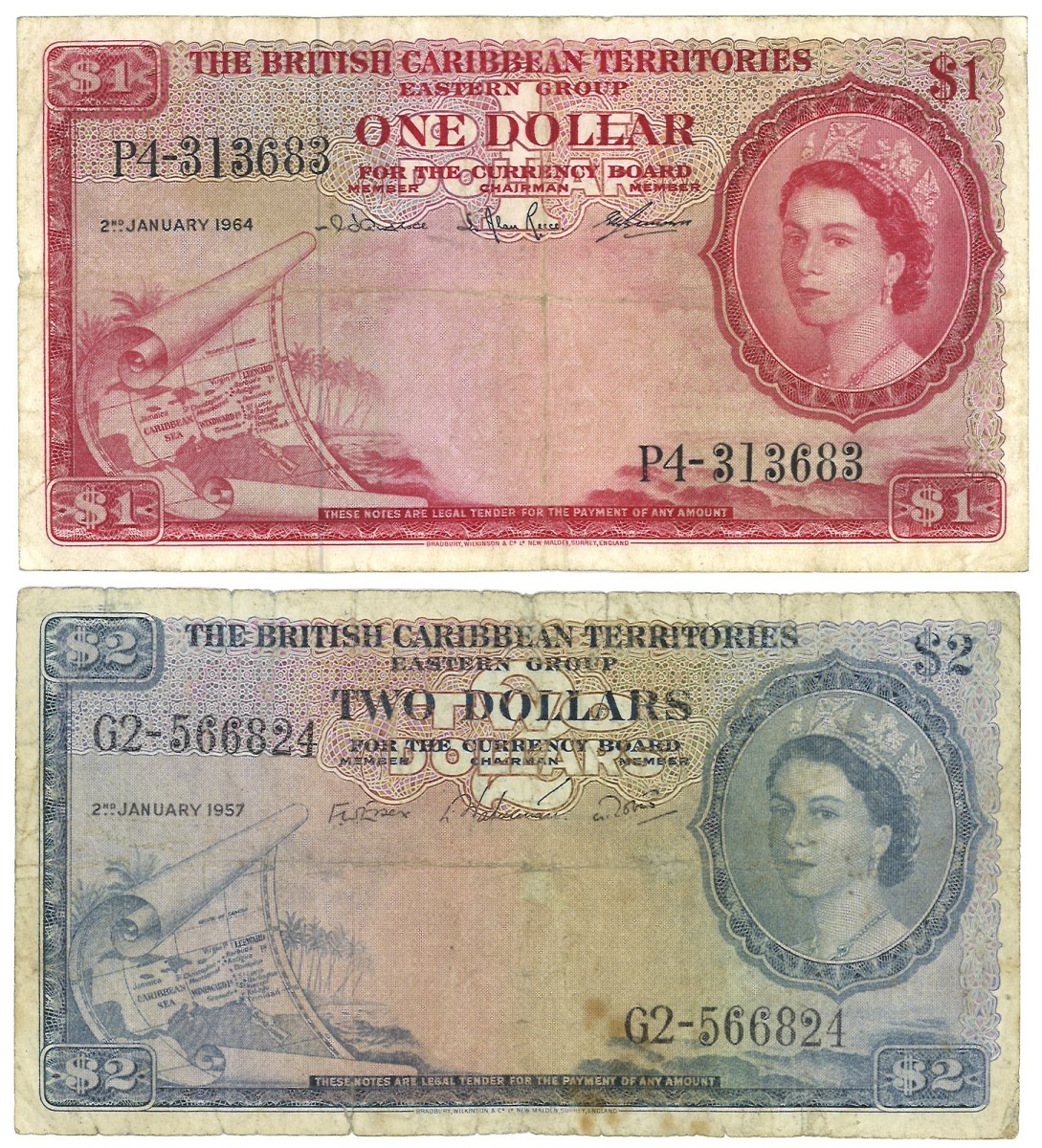 The British Caribbean Territories Eastern Group. lot 2 banknotes. Banknote. Type 1957/1964. - Fine.