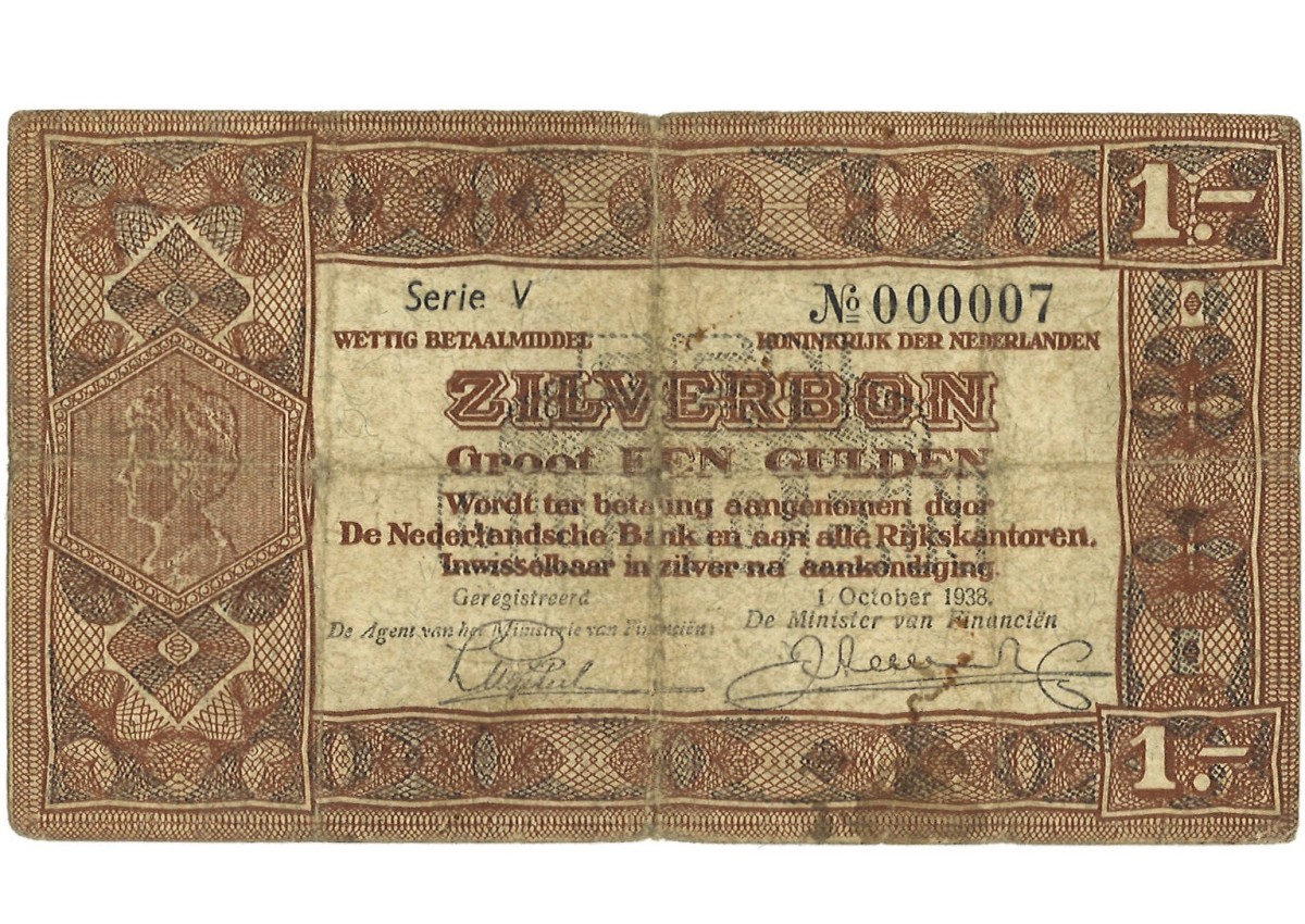 Nederland. 1 Gulden. ZIlverbon. Type 1938 - Zeer Fraai.