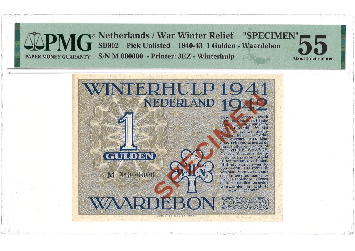 Nederland. 1 Gulden. Specimen. Type 1941/1942. Type Winterhulp - PMG 55