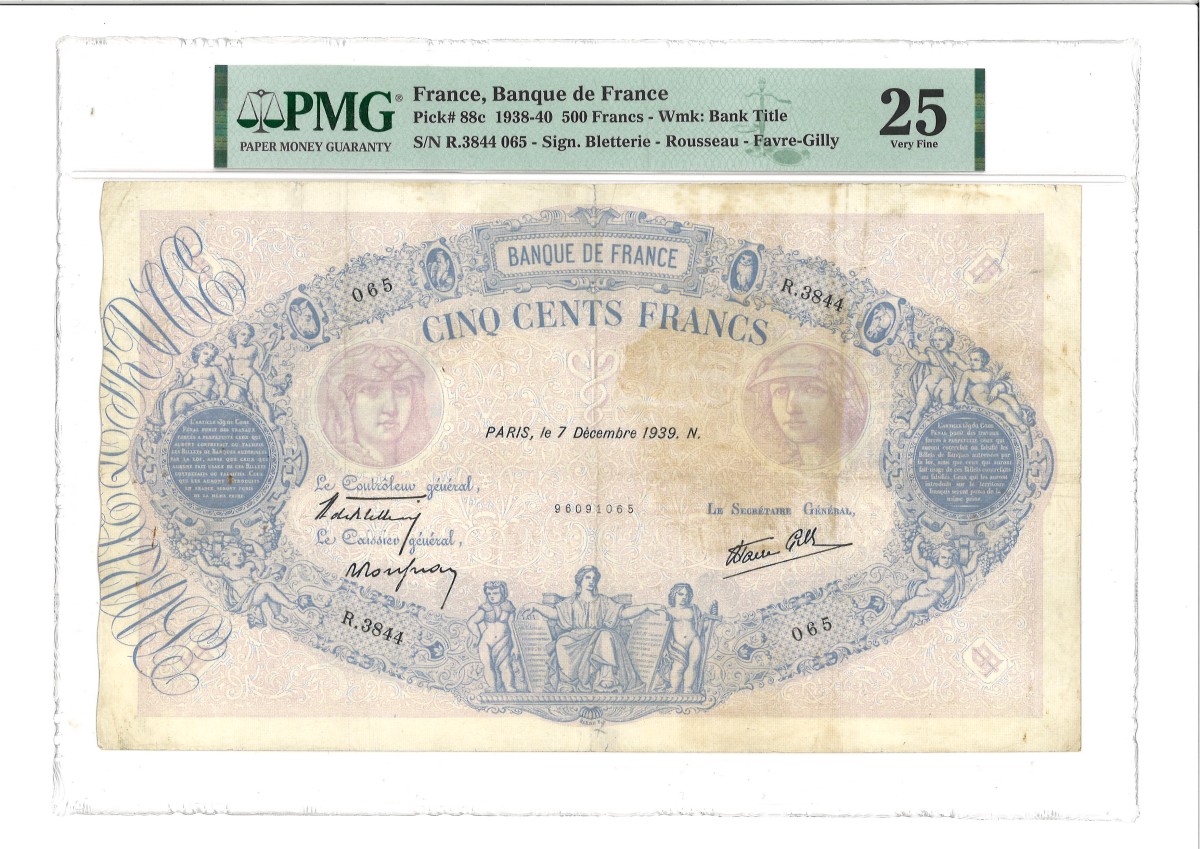 France. 500 Francs. Banknote. Type 1939 - PMG 25