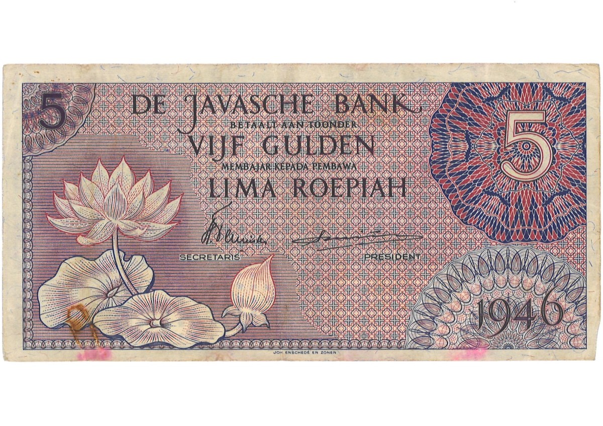 Indonesia. 5 Gulden. Banknote. Type 1946. - Very fine -.