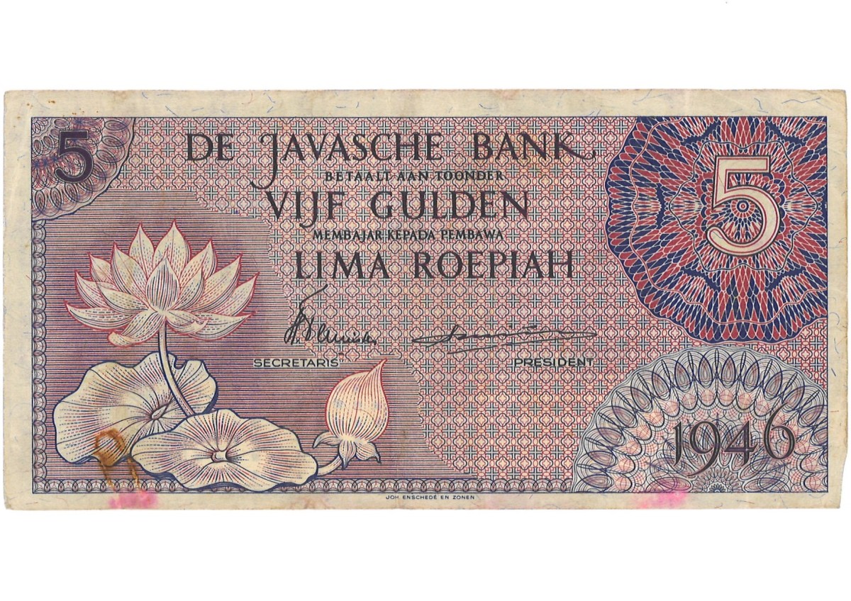 Indonesia. 5 Gulden. Banknote. Type 1946. - Very fine -.