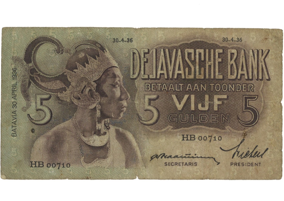 Indonesia. 5 Gulden. Banknote. Type 1936. - Fine.