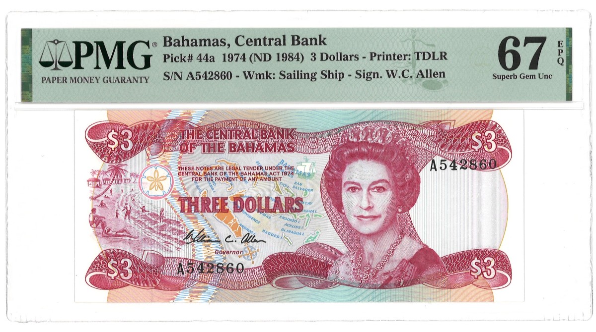 Bahamas. 3 Dollar. Banknote. Type 1974. - PMG 67EPQ