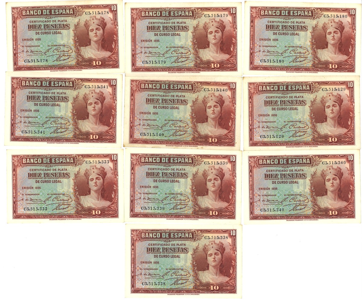 Spain. Lot 10 Banknotes. Banknote. Type 1935. - About UNC.