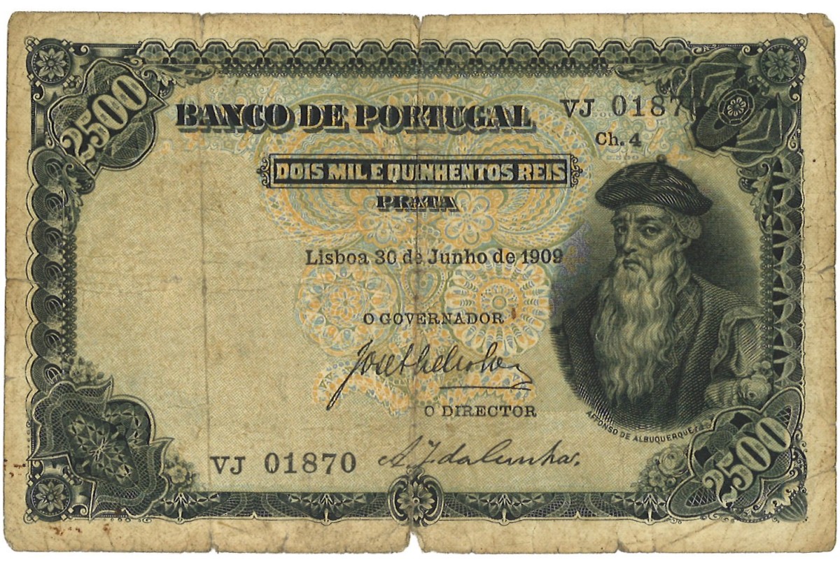 Portugal. 2500 Reis. Banknote. Type 1909. - Very fine.