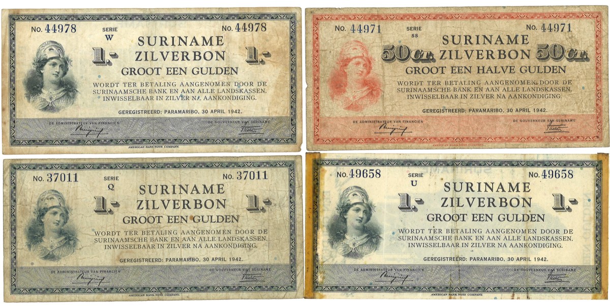 Suriname. Lot 4 Bankbiljet. Zilverbon. Type 1942. - Fine.