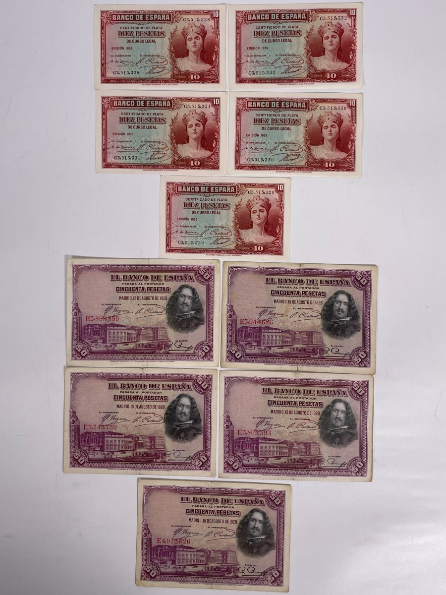 Spain. Lot 10 Banknotes. Banknote. Type 1928/1938. - Very fine – UNC.