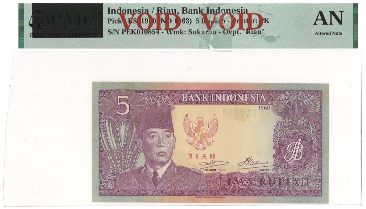 Indonesia. 5 Rupiah. Banknote. Type 1960. Type PMG AN - Altered Note. - UNC.