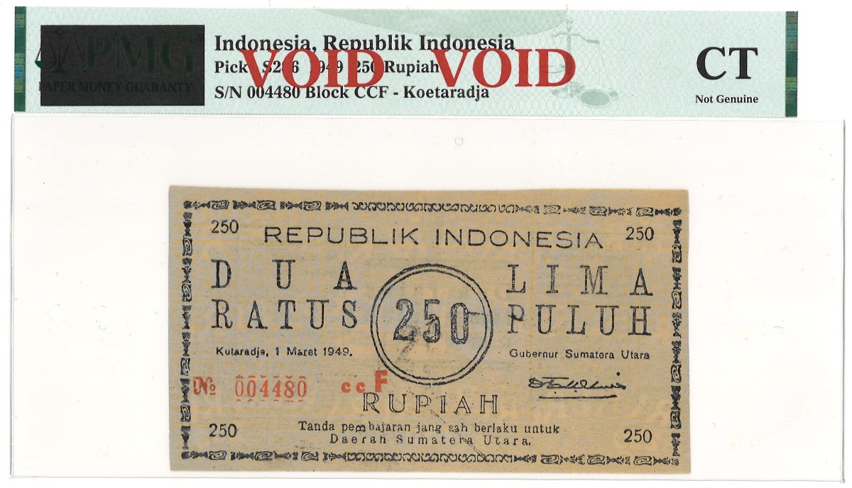 Indonesia. 250 Rupiah. Banknote. Type 1949. Type PMG CT - Not Genuine. - UNC.