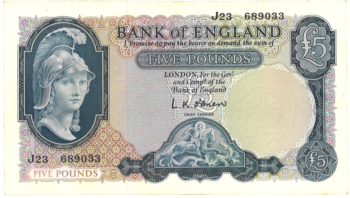 England. 5 Pounds. Banknote. Type ND. - Extremely fine.