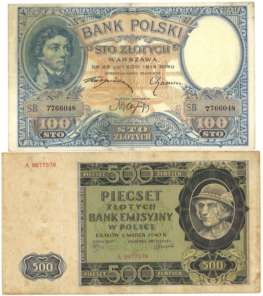 Poland. lot 2 Banknotes. Banknote. Type 1919/1940. - Very fine.