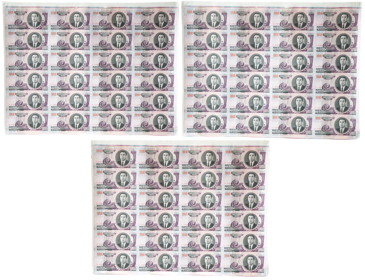 North Korea. 3 Sheets of 5000 Won. Original sheets. Type 2002-2006. - UNC.