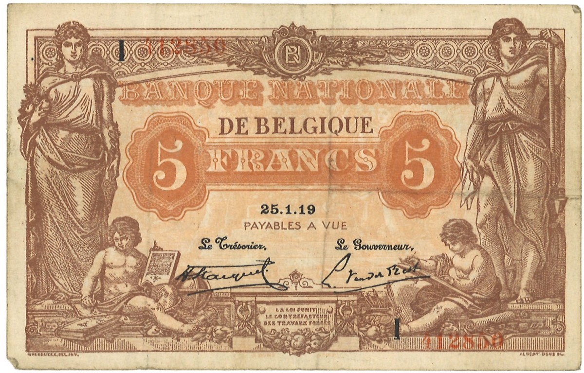 Belgium. 5 Francs. Banknote. Type 1919 - Very fine.