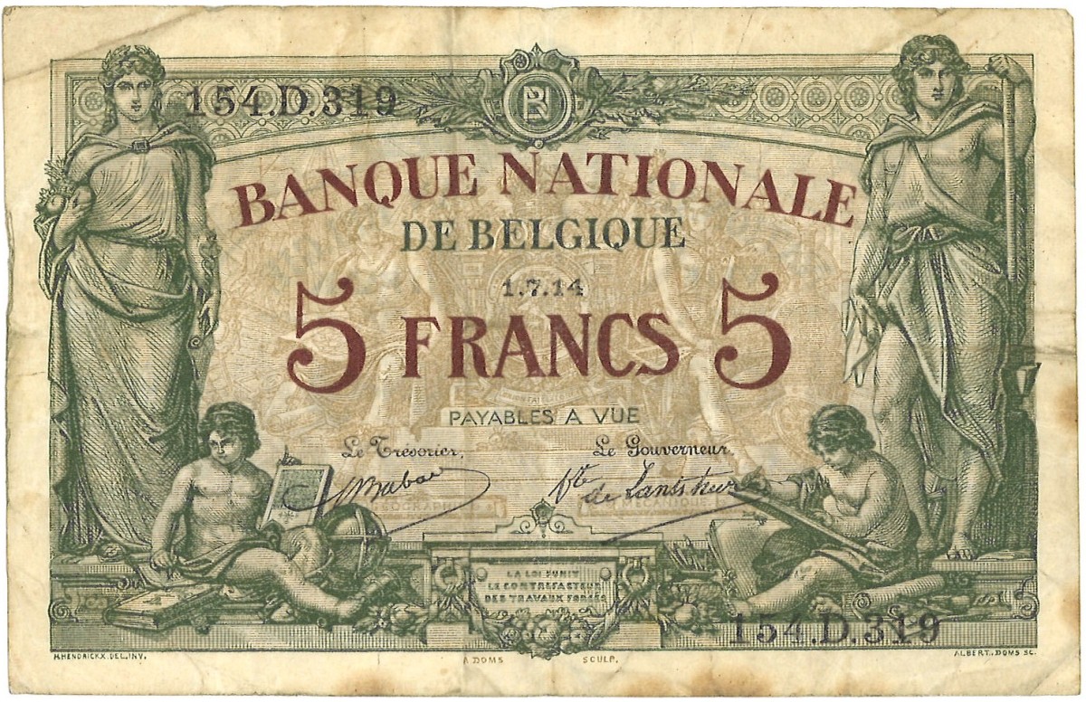 Belgium. 5 Francs. Banknote. Type 1914 - Very fine.