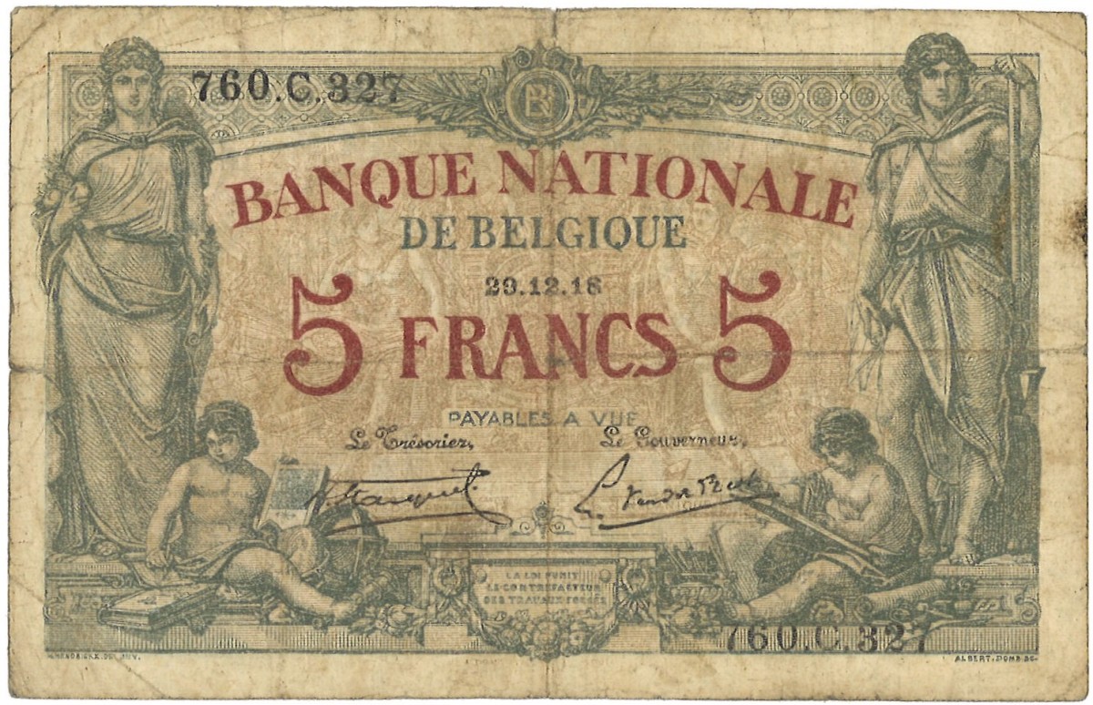 Belgium. 5 Francs. Banknote. Type 1918 - Fine.