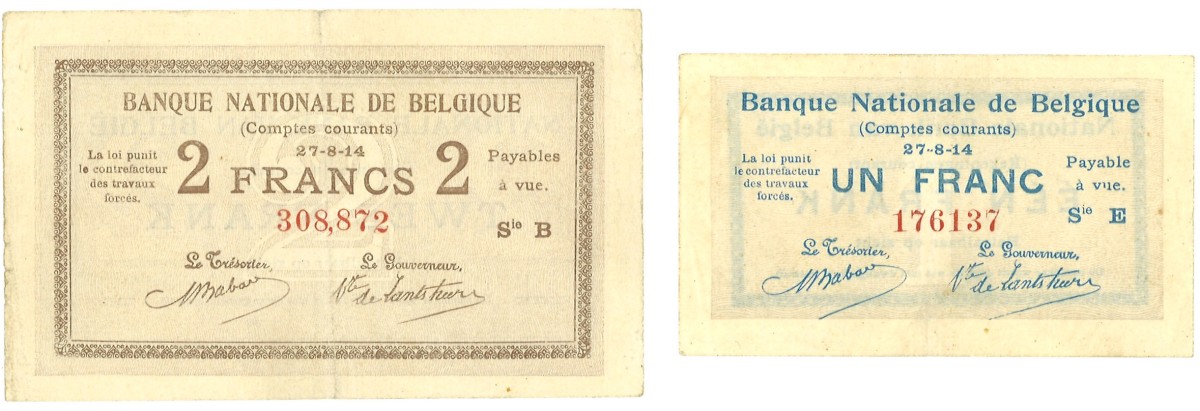 Belgium. Lot 2 Banknotes. Belgium. Type 1914. - Zeer Fraai.