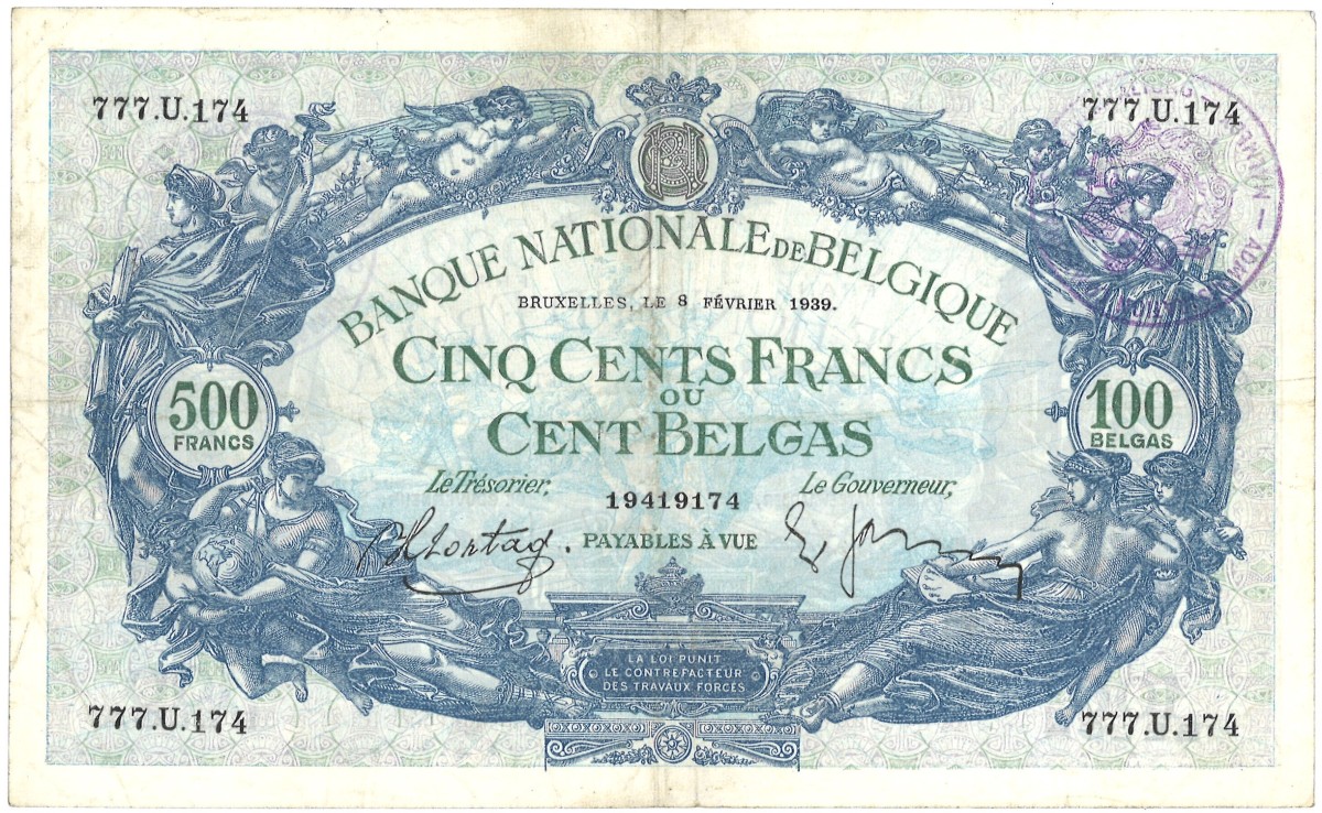 Belgium. 500 Franc. Banknote. Type 1939. - Very fine.