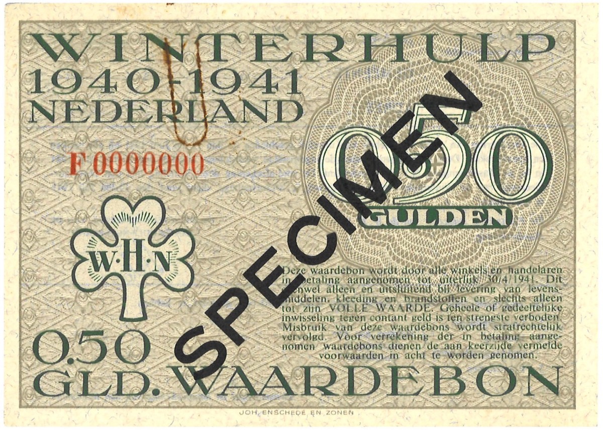 Nederland. 0,50 Gulden. Specimen. Type 1940/1941. Type Winterhulp. - Zeer Fraai.