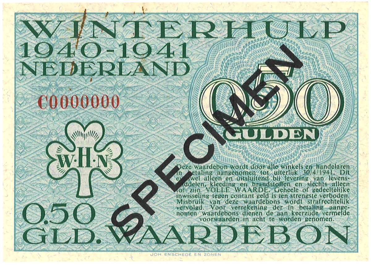 Nederland. 0,50 Gulden. Specimen. Type 1940/1941. Type WInterhulp. - Zeer Fraai.