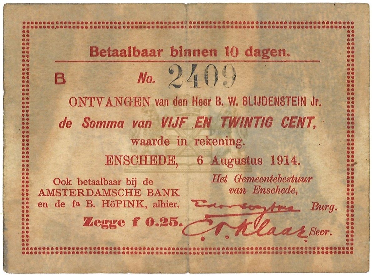 Nederlandd. 25 cent. Waardebon. Type 1914. - Fraai.