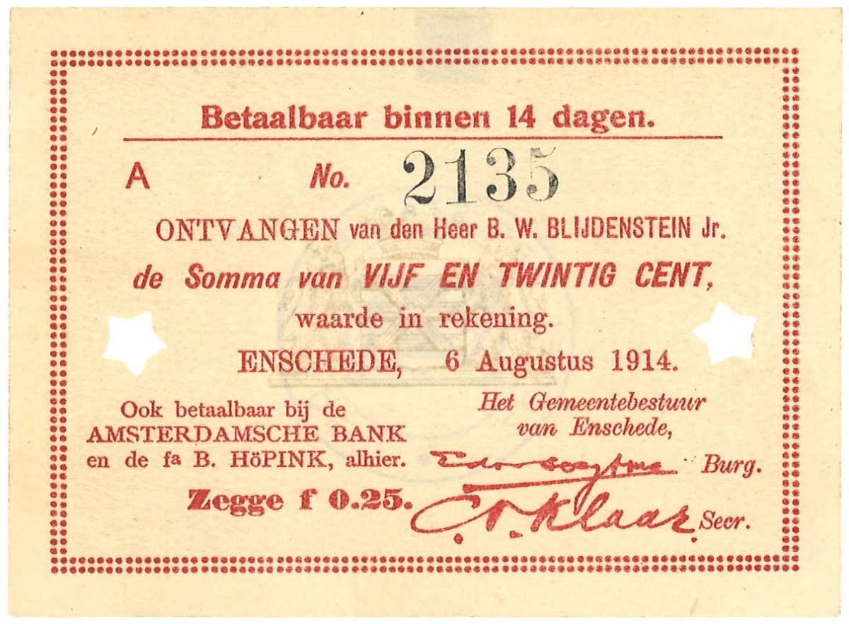 Nederland. 25 cent. Waardebon. Type 1914. - Nagenoeg UNC.