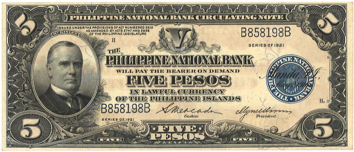 Philipines. 5 Pesos. Banknote. Type 1921. - Very fine +.