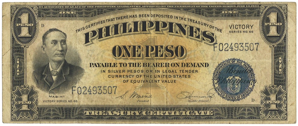 Philipines. 1 Pesos. Banknote. Type 1922. - Very fine -