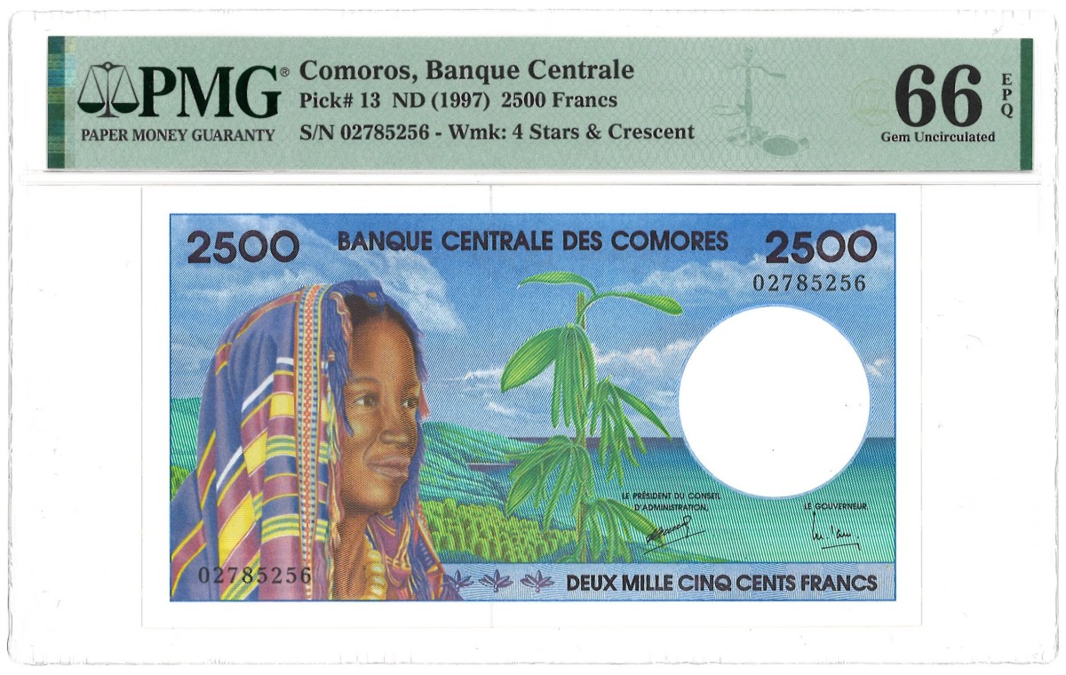 Comoros. 2500 Francs. Banknote. Type 1997. - PMG 66EPQ