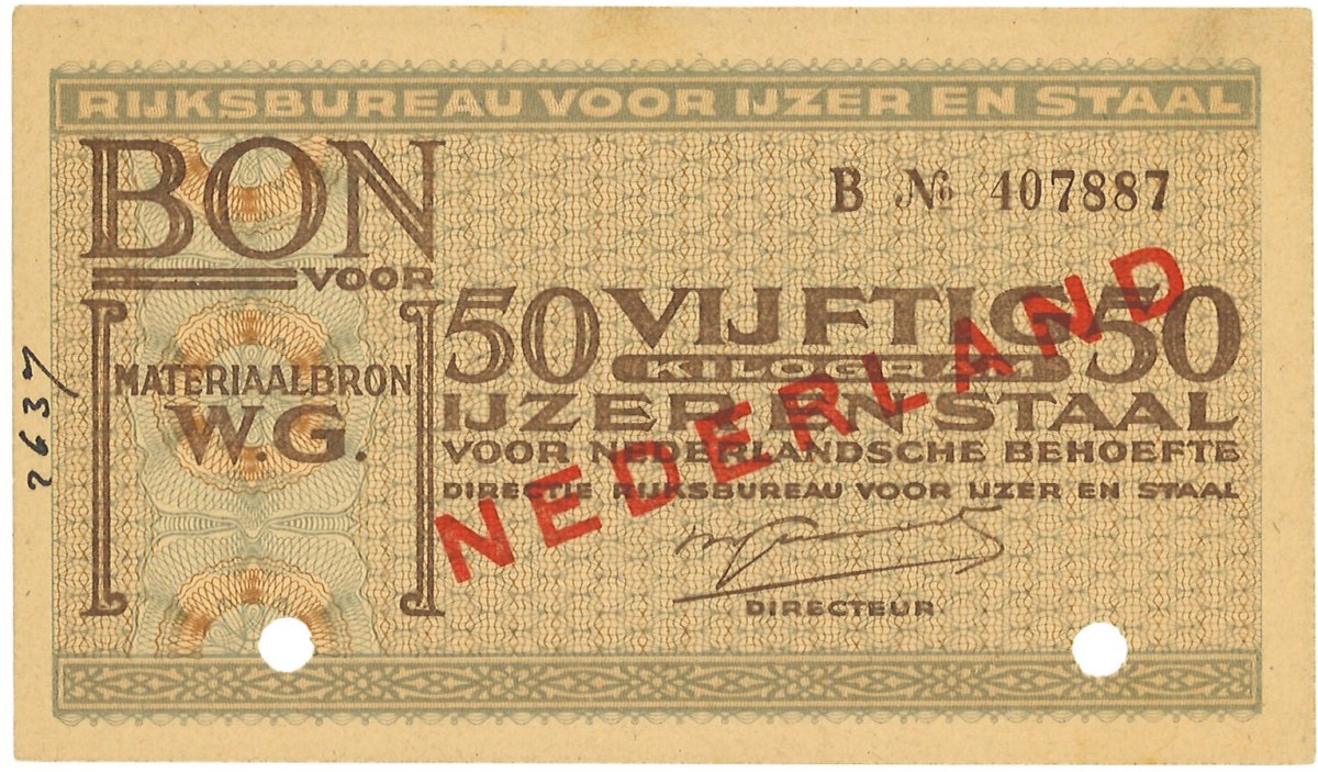 Nederland. 50 Kilo ijzer en staal. Waardebon. Type ND. Type Rijksbureau voor ijzer en staal. - Zeer Fraai.