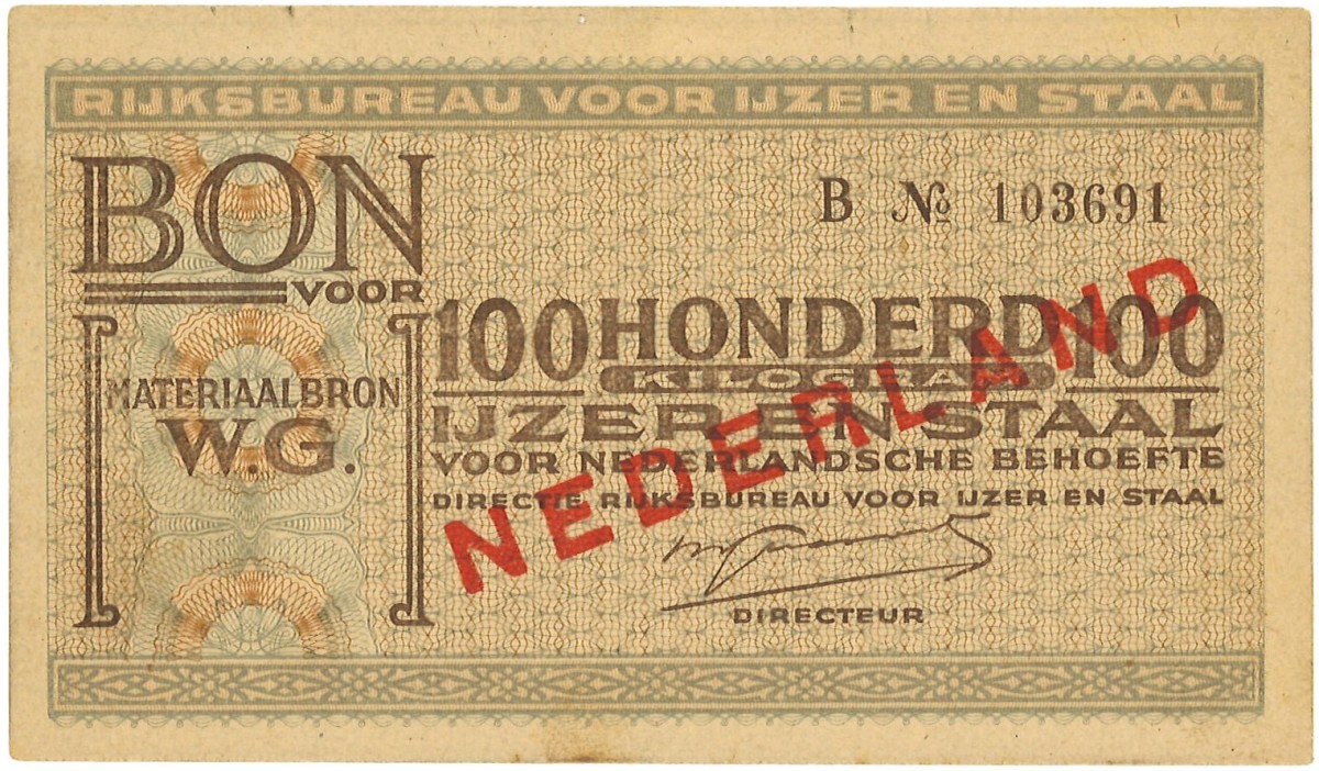 Nederland. 100 Kilo ijzer en staal. Waardebon. Type ND. Type Rijksbureau voor ijzer en staal. - Zeer Fraai.