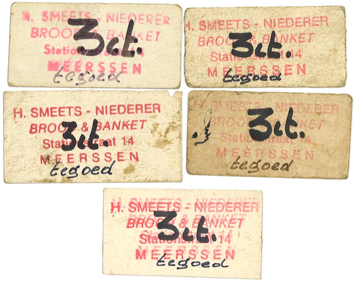 Nederland. Lot 5 waardebonnen. Waardebon. Type 1980. Type Noodcenten Bakkerij Smeets Meersen. - Zeer Fraai.