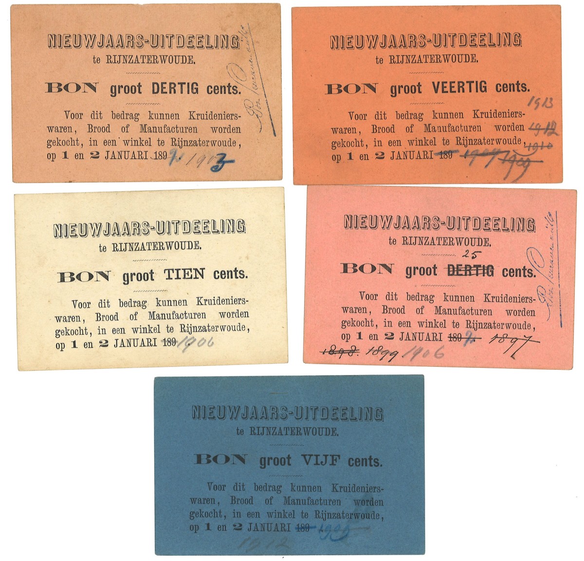 Lot 5 Waardebonnen. Waardebon. Type ND. Type Nieuwjaars-Uitdeling. - Prachtig / UNC.