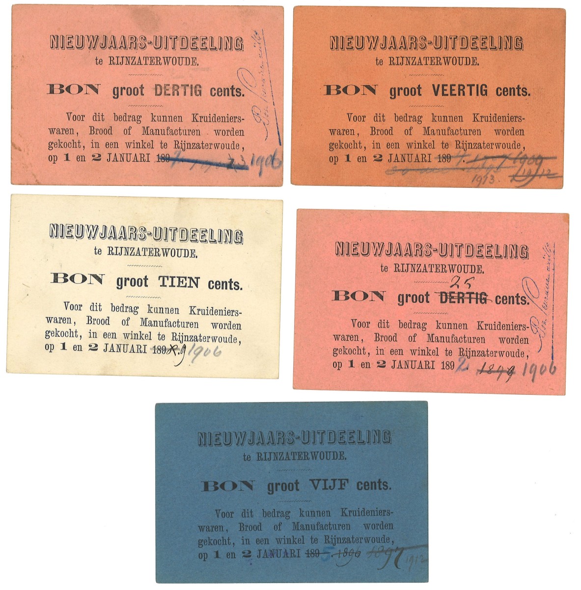 Nederland. Lot 5 Waardebonnen. Waardebon. Type ND. Type Nieuwjaars-uitdeeling. - Prachtig / UNC.