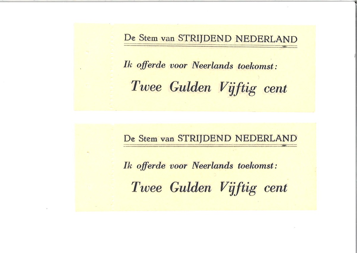 Nederland. Lot 2 Waardebonnen. Waardebon. Type ND. Type De Stem van Strijdend Nederland. - UNC.