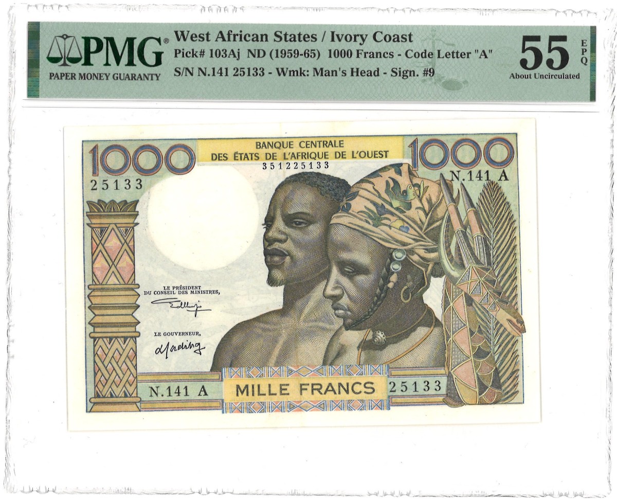 Ivory Coast. 1000 Francs. Banknote. Type ND. - PMG 55EPQ