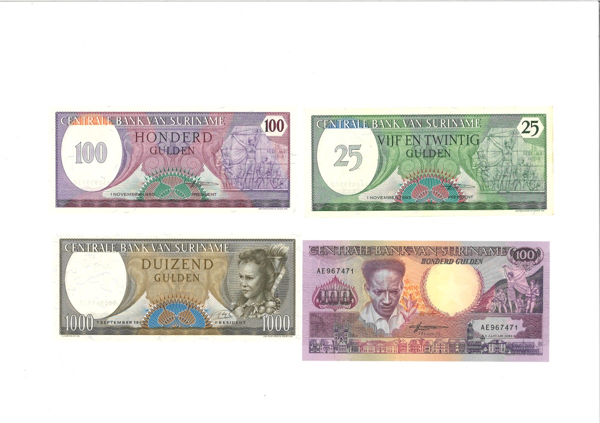 Suriname. Lot 4 Banknotes. Banknote. Type 1985/1988. - UNC.