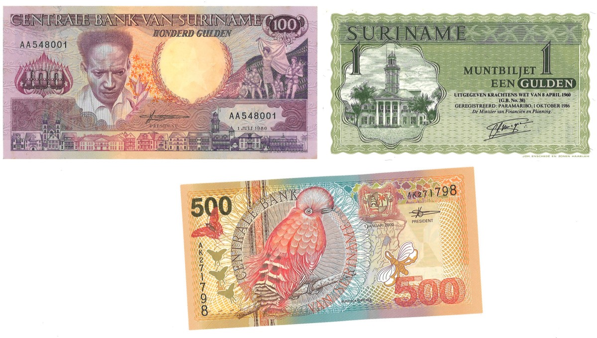 Suriname. Lot 3 Banknotes. Banknote. Type 1960/2000. - Extremely fine / UNC.