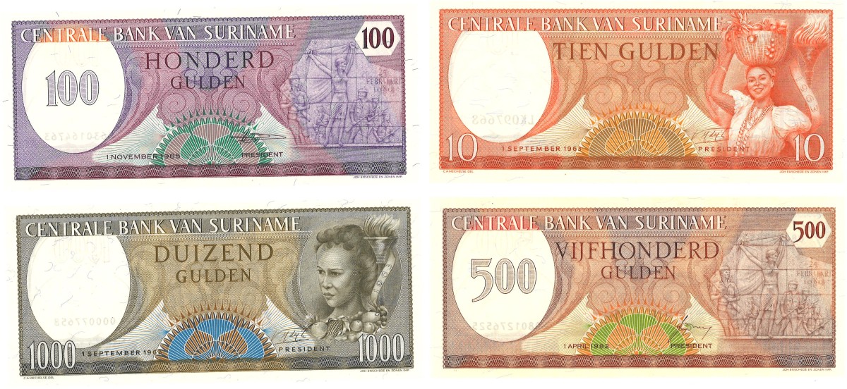 Suriname. lot 4 Banknotes. Banknote. Type 1963/1982. - UNC.