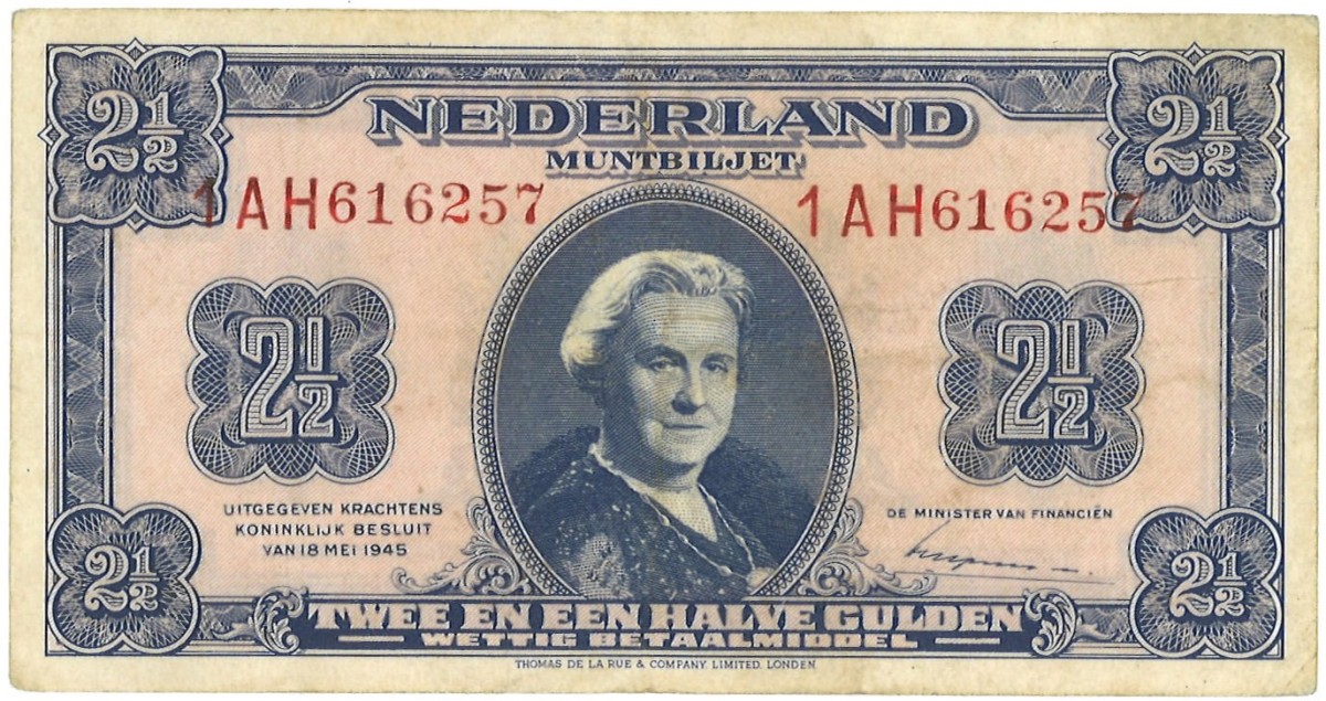 Nederland. 2,5 Gulden. Bankbiljet. Type 1945. - Zeer Fraai.